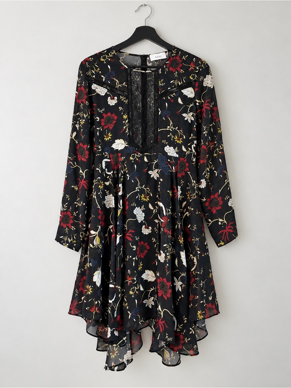 A.L.C. Black Floral Long-Sleeve Lace-Front Fit & Flare Dress